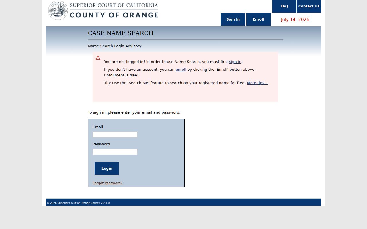 Laguna Niguel people search using Orange County Case Name Search