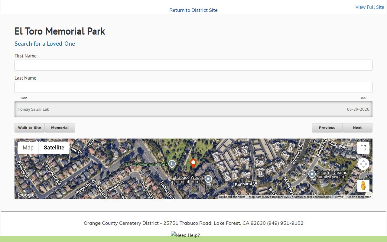 Laguna Niguel records El Toro Memorial Park grave search