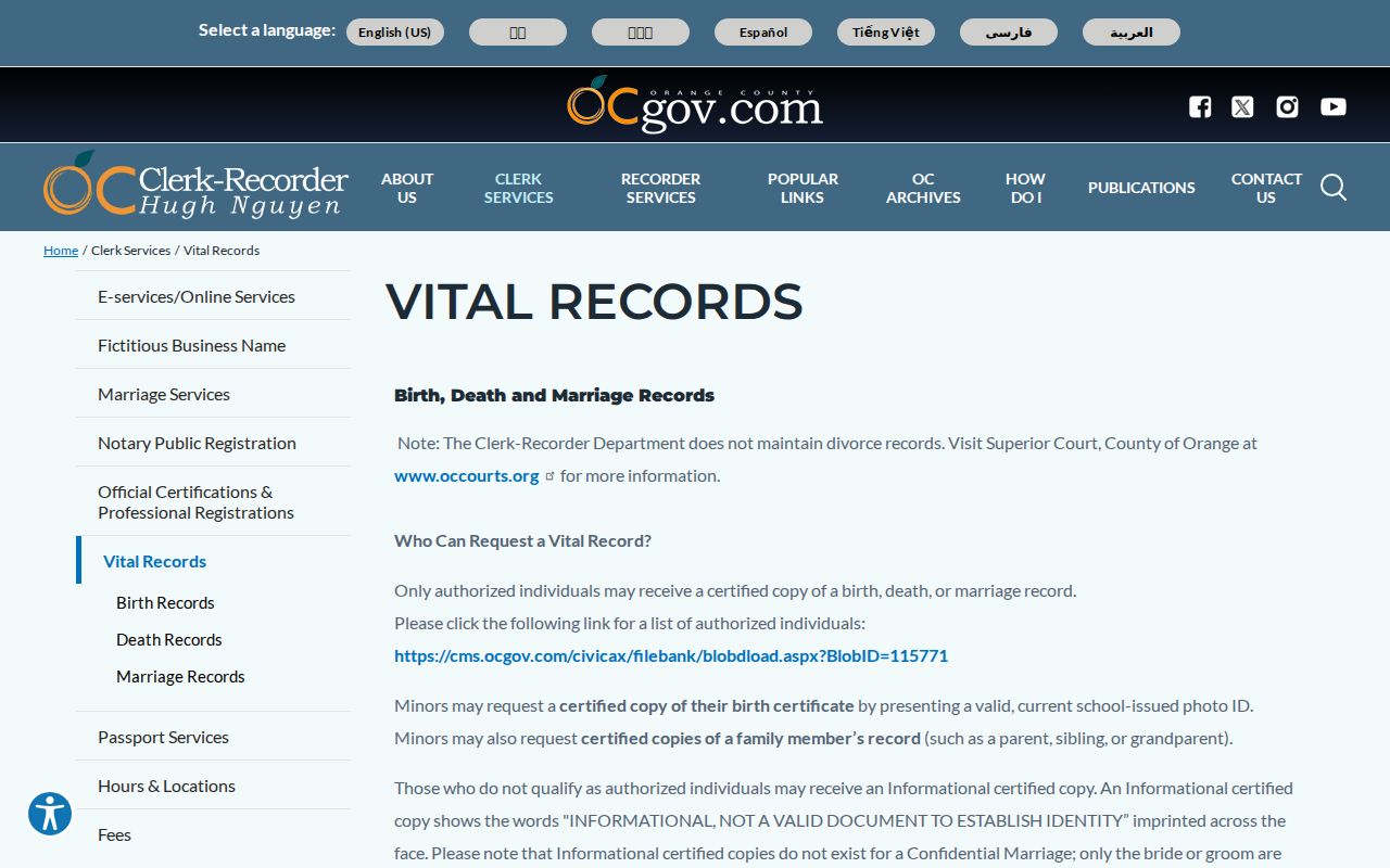 Laguna Niguel records vital record application options
