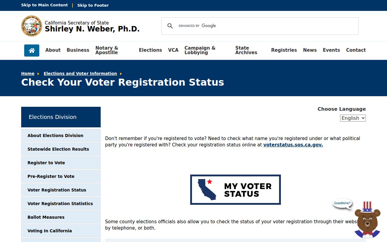 Laguna Niguel voter registration status options from California