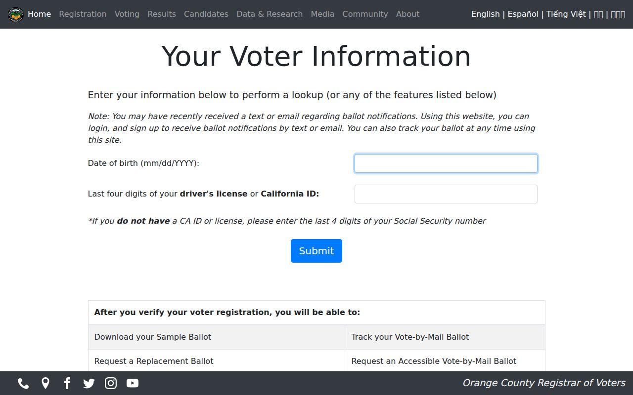 Laguna Niguel voter registration lookup fields in Orange County